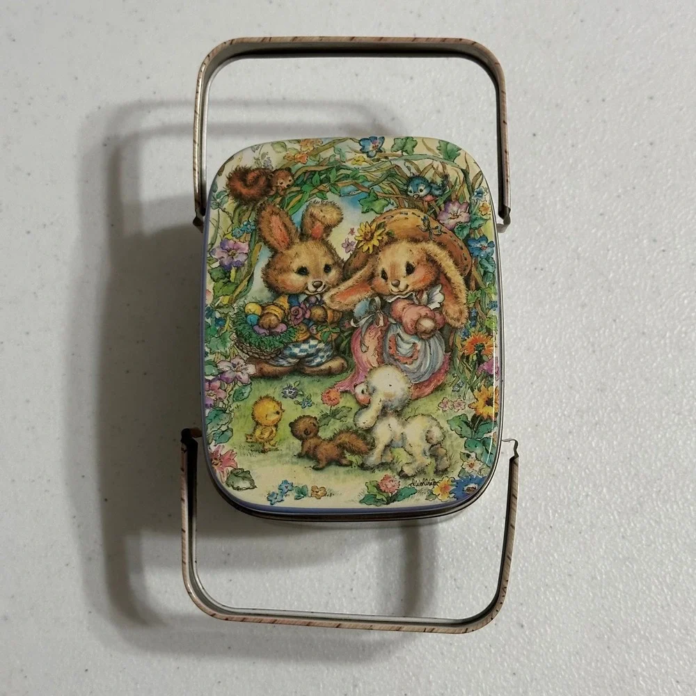 Giftco Vintage Bunny Rabbit Picnic Basket Metal Tin Easter Floral Seasonal Decor
